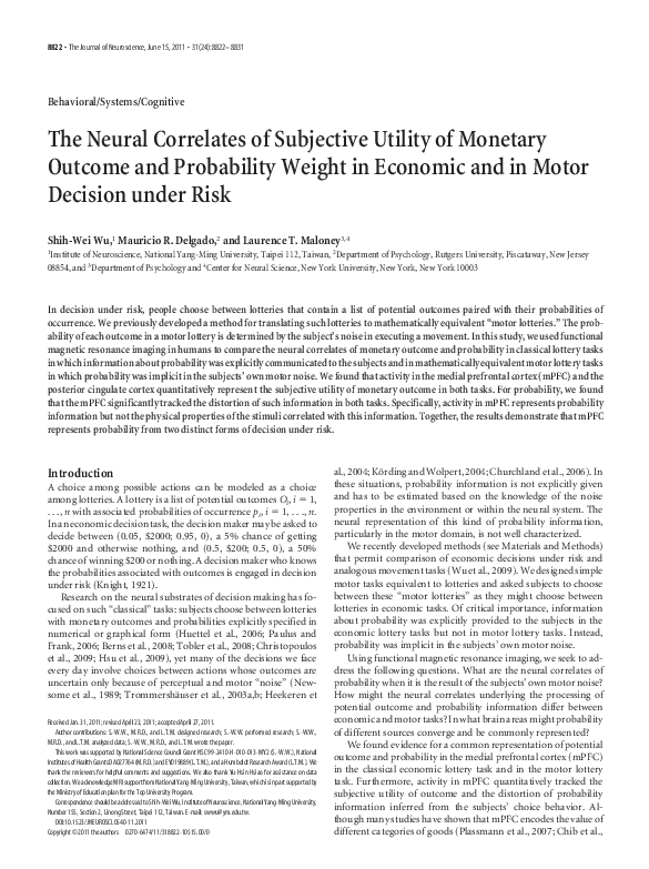 (PDF) The neural correlates of subjective utility of monetary outcome ...