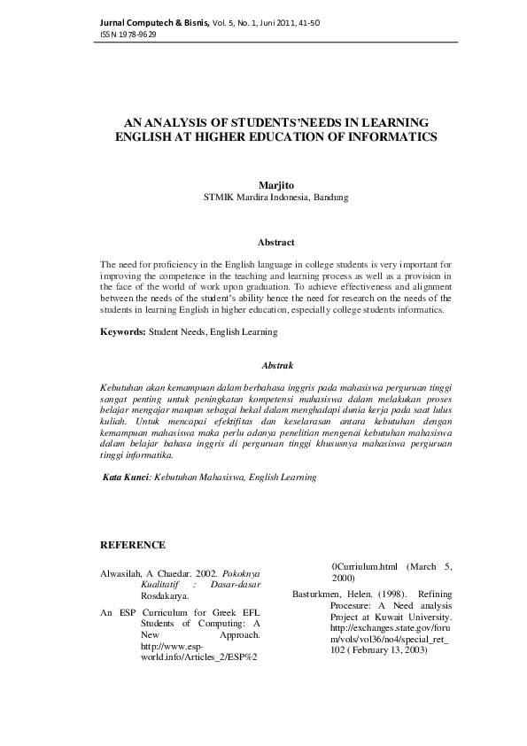 (PDF) An Analysis Of Students’needs In Learning English