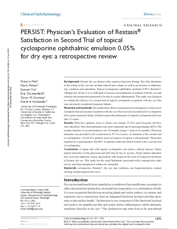 (PDF) PERSIST: Physician's Evaluation of Restasis® Satisfaction in ...