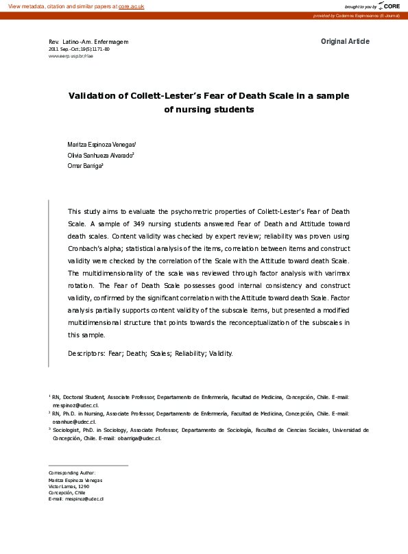 (PDF) Validación de la Escala de Miedo a la Muerte de Collett-Lester en ...