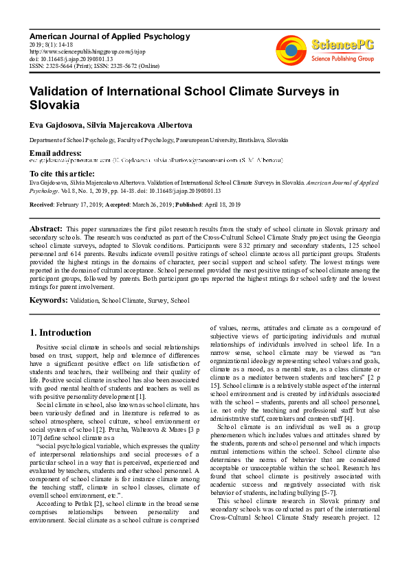 (PDF) Validation of International School Climate Surveys in Slovakia