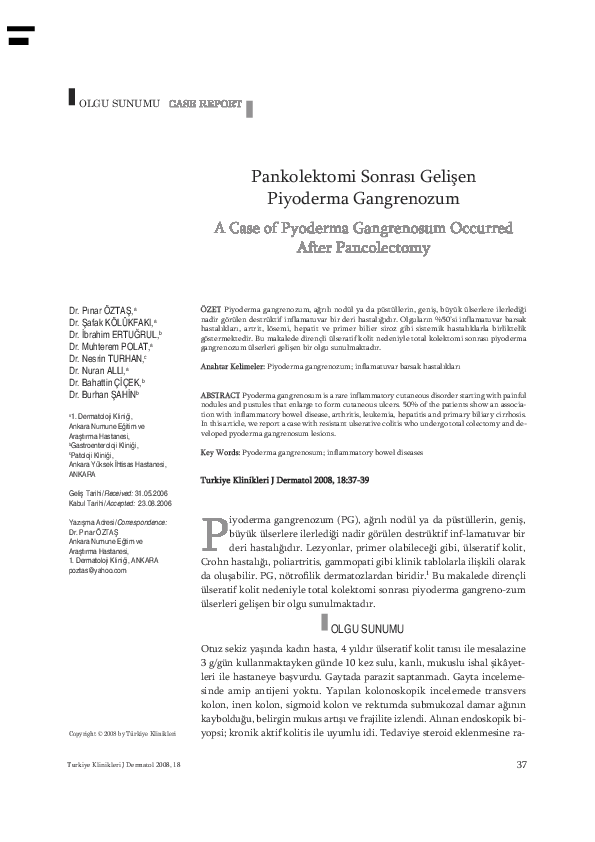 (PDF) Pankolektomi Sonrası Gelişen Piyoderma Gangrenozum