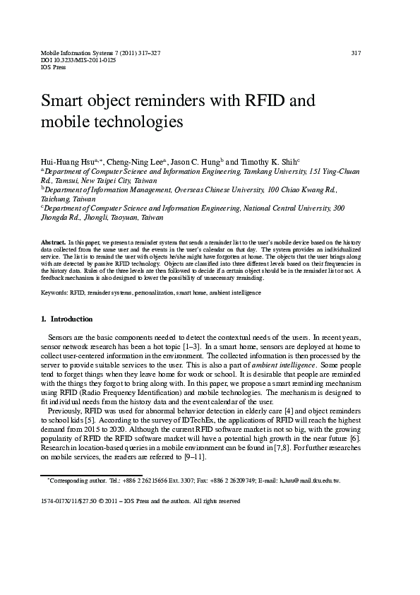 (PDF) Smart Object Reminders with RFID and Mobile Technologies