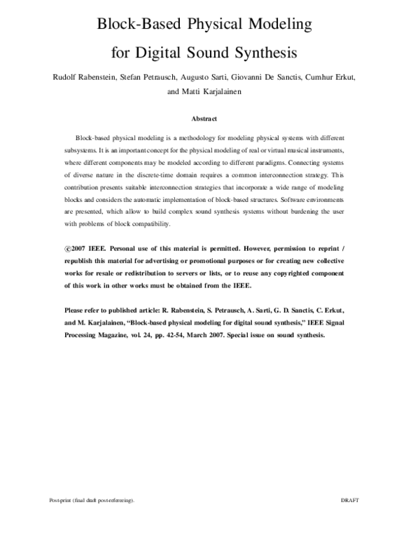 (PDF) Blocked-based physical modeling for digital sound synthesis