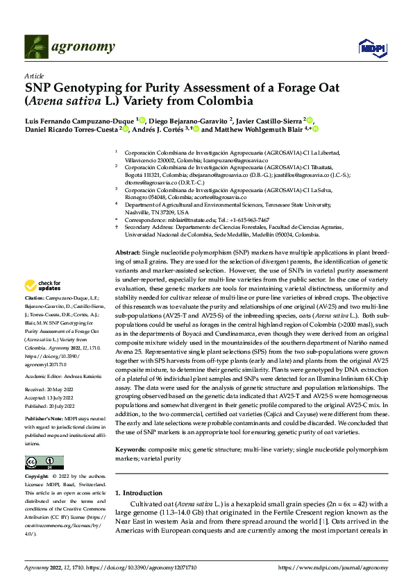 (PDF) SNP Genotyping for Purity Assessment of a Forage Oat (Avena ...