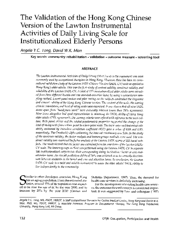 (PDF) The Validation of the Hong Kong Chinese Version of the Lawton ...