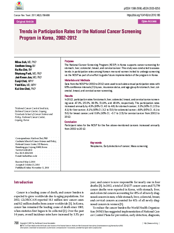 (PDF) Trends in Participation Rates for the National Cancer Screening ...