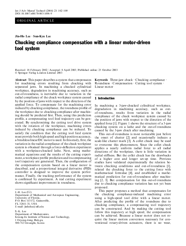 (PDF) Chucking compliance compensation with a linear motordriven tool system Sun Kyu Lee