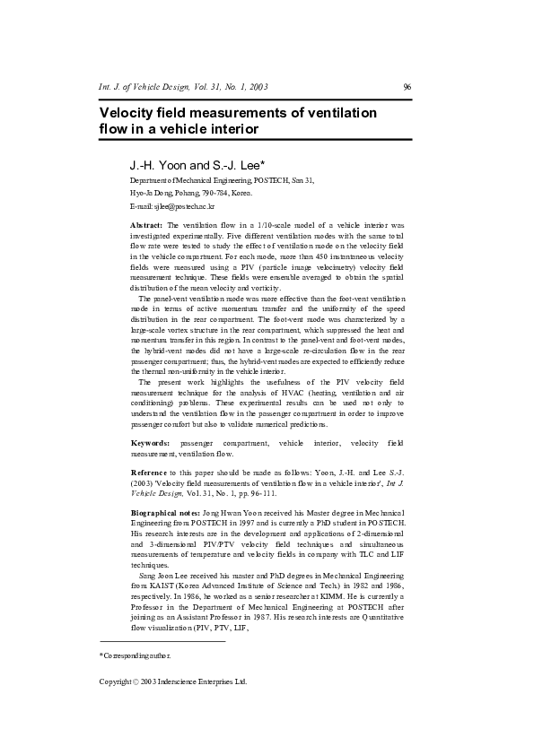 (PDF) Velocity field measurements of entilation flow in a vehicle