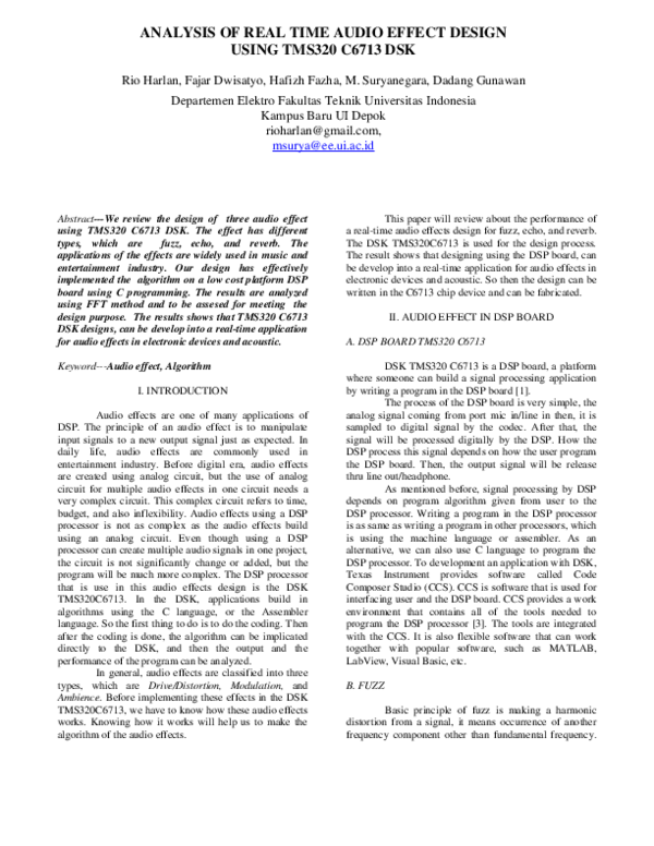 (PDF) Analysis of Real Time Audio Effect Design Using TMS 320 C 6713 DSK