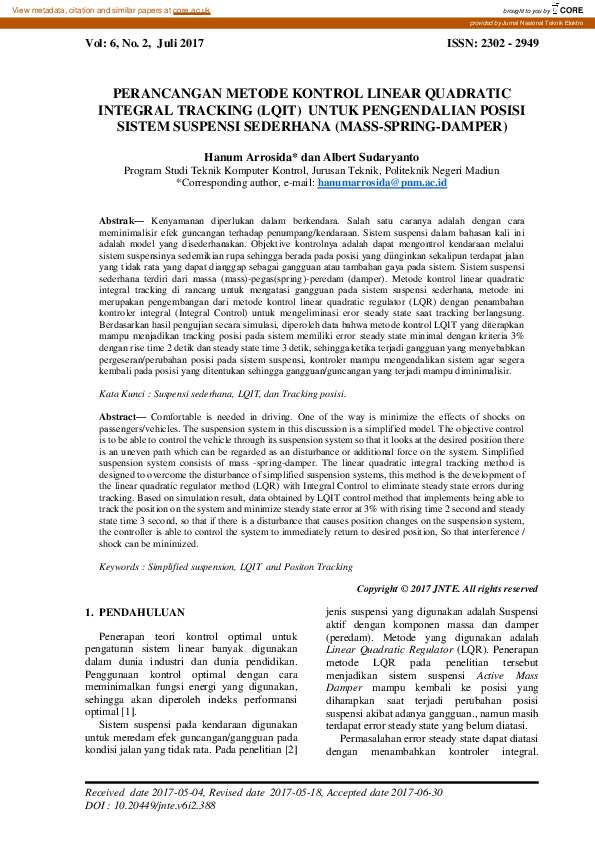 (PDF) Perancangan Metode Kontrol Linear Quadratic Integral Tracking ...