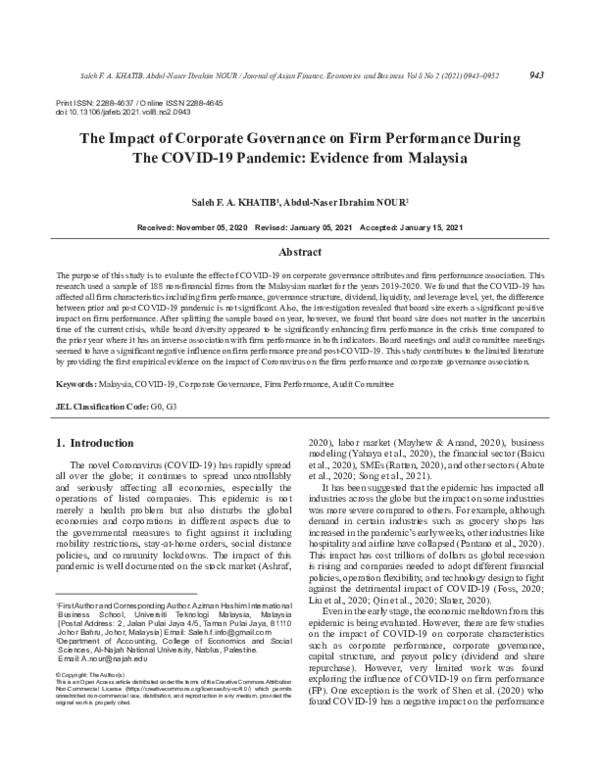 (PDF) The Impact of Corporate Governance on Firm Performance During The ...