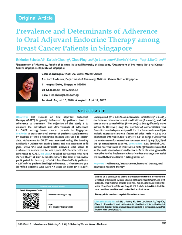 (PDF) Prevalence and determinants of adherence to oral adjuvant ...