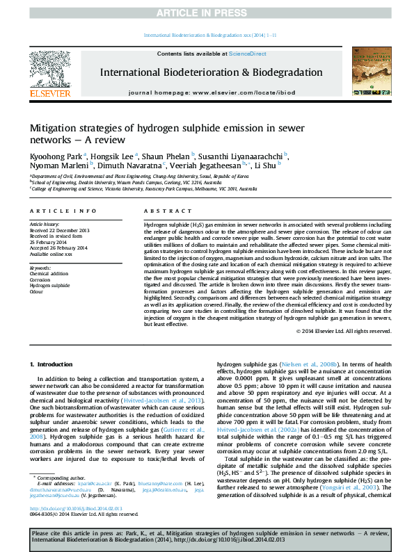 (PDF) Mitigation strategies of hydrogen sulphide emission in sewer ...