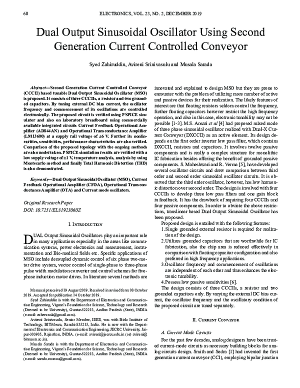 (PDF) Dual Output Sinusoidal Oscillator Using Second Generation Current ...