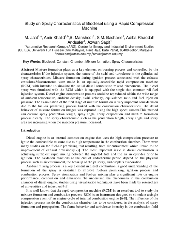 (PDF) Study on Spray Characteristics of Biodiesel using a Rapid ...