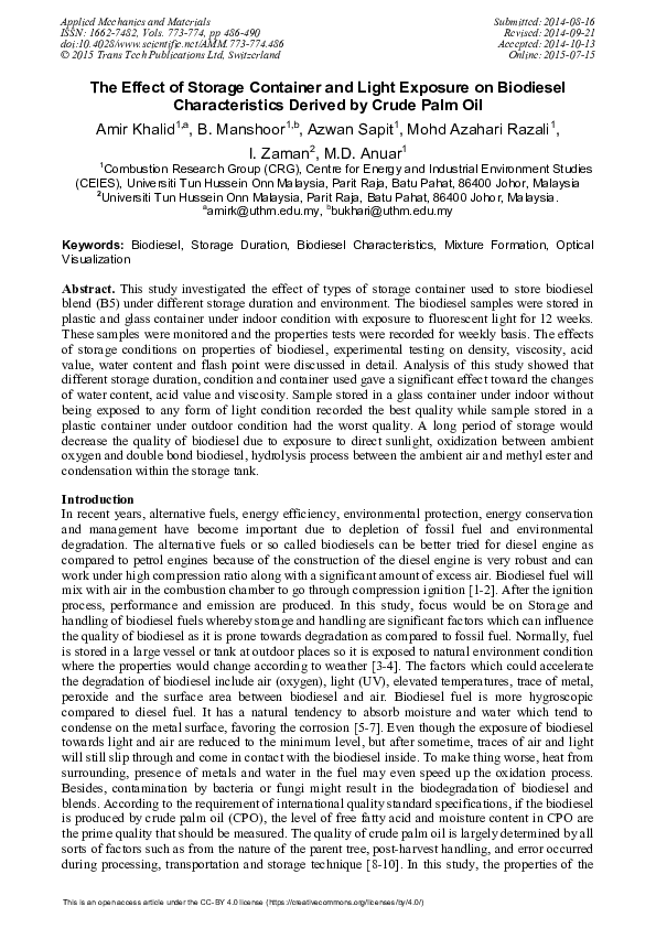 (PDF) The Effect of Storage Container and Light Exposure on Biodiesel ...