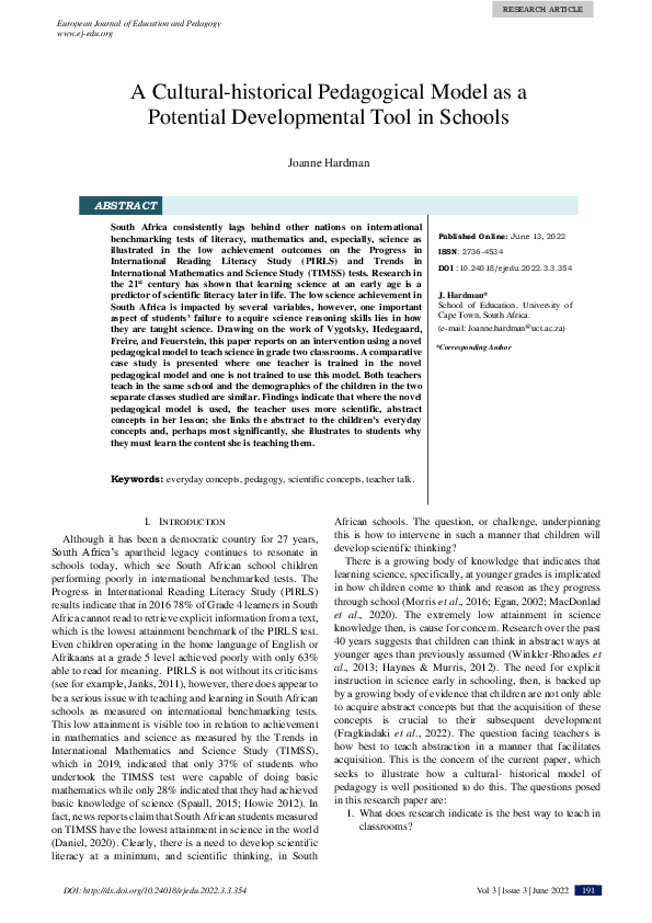 (PDF) A Culturalhistorical Pedagogical Model as a Potential