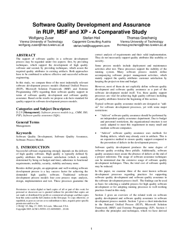 (PDF) Software quality development and assurance in RUP, MSF and XP