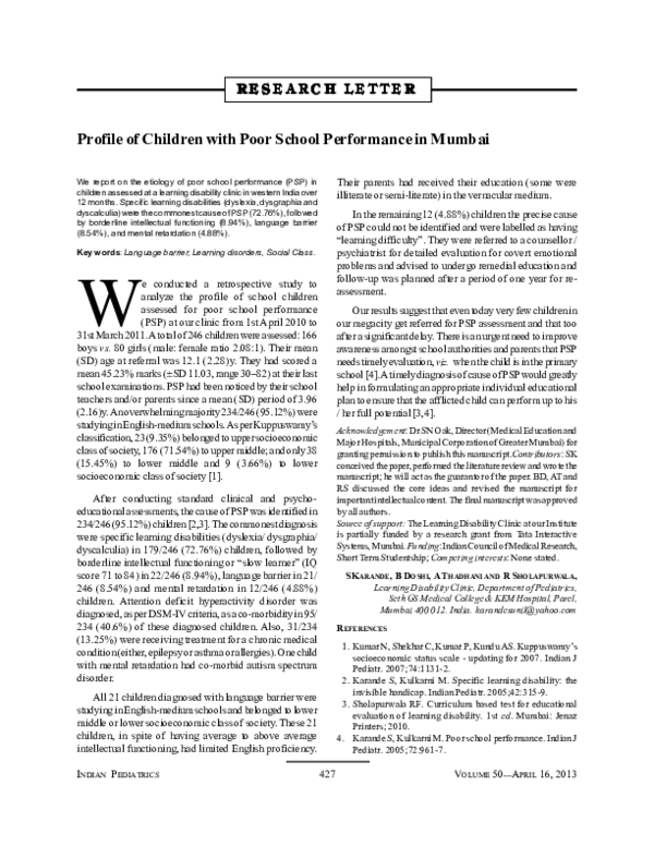 (PDF) Profile of children with poor school performance in Mumbai