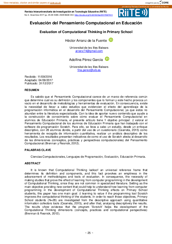 (PDF) Evaluación del Pensamiento Computacional en Educación Primaria