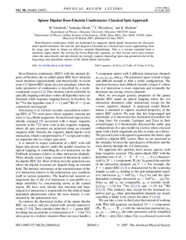 (PDF) Spinor Dipolar Bose-Einstein Condensates: Classical Spin Approach