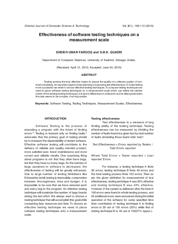 (PDF) Effectiveness of Software Testing Techniques on a Measurement Scale‖