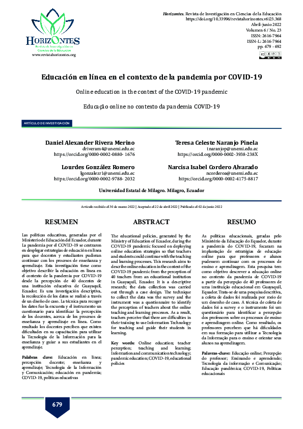 (PDF) Educación en línea en el contexto de la pandemia por COVID-19