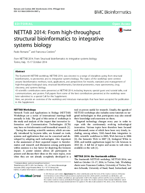 (PDF) NETTAB 2014: From high-throughput structural bioinformatics to ...