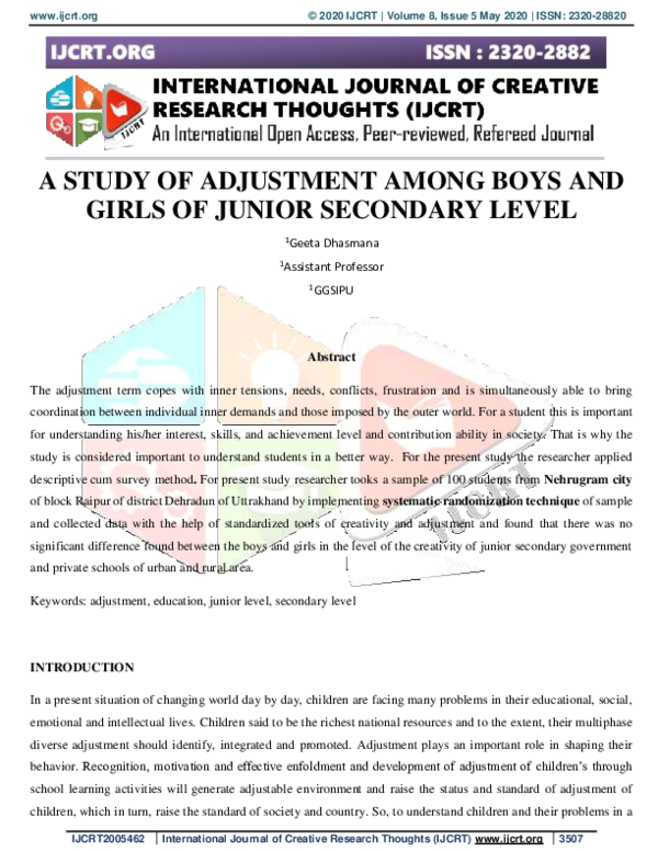 (PDF) A Study of Adjustment Among Boys and Girls of Junior Secondary Level