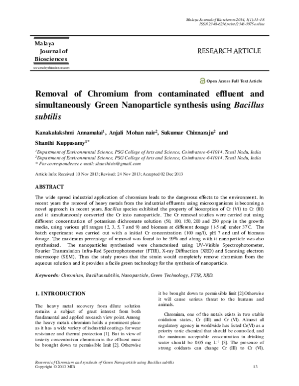 (PDF) Removal of Chromium from contaminated effluent and simultaneously ...