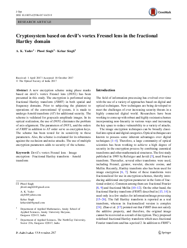 (PDF) Cryptosystem based on devil’s vortex Fresnel lens in the ...