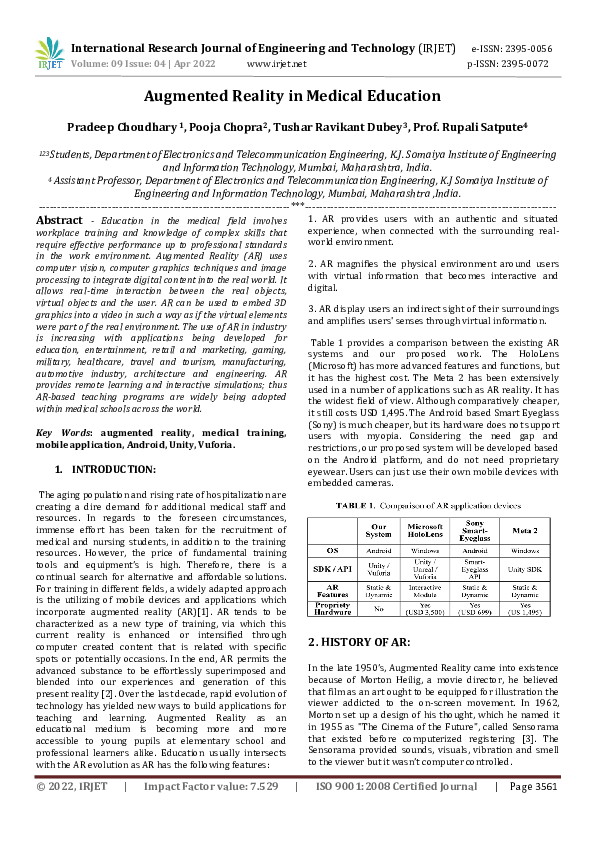 (PDF) Augmented Reality in Medical Education IRJET Journal Academia.edu