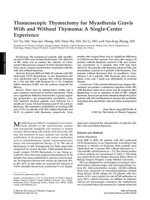 (PDF) Thoracoscopic Thymectomy for Myasthenia Gravis With and Without