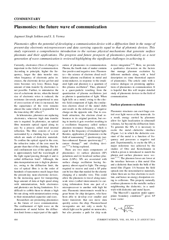 (PDF) Plasmonics: The Future Wave of Communication