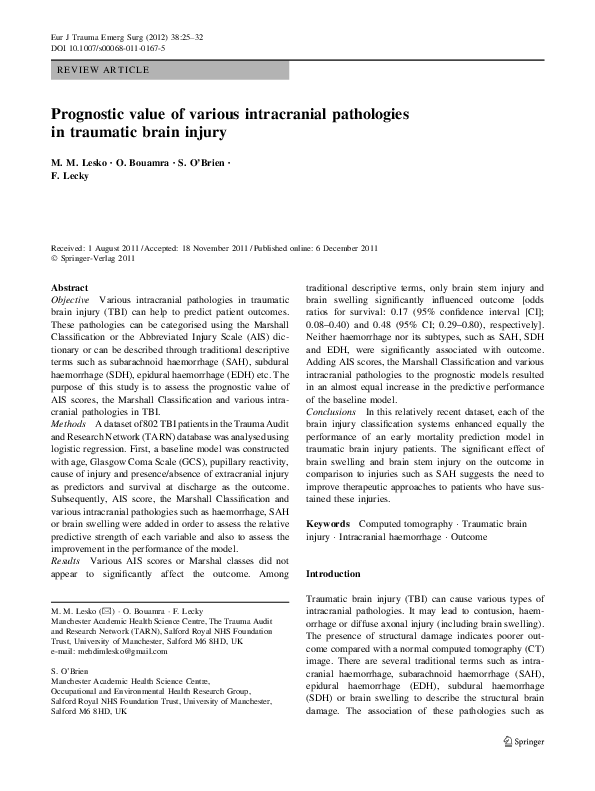 (PDF) Prognostic value of various intracranial pathologies in traumatic ...