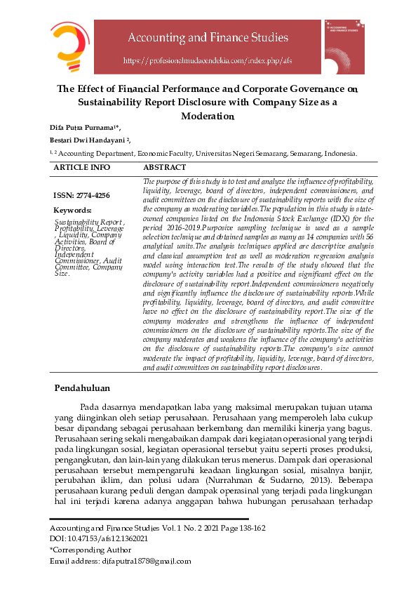 (PDF) The Effect of Financial Performance and Corporate Governance on ...