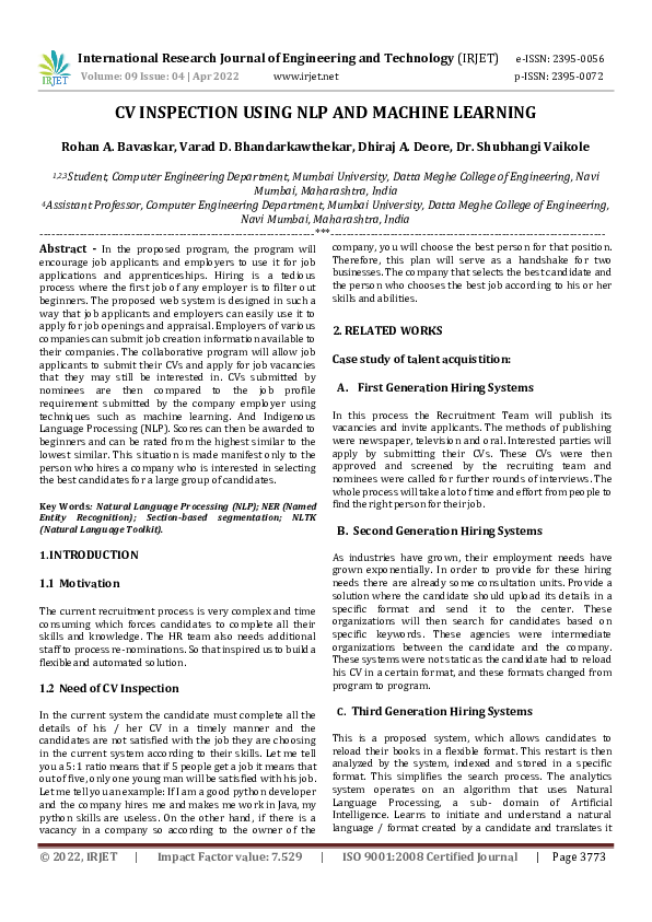 (PDF) CV INSPECTION USING NLP AND MACHINE LEARNING