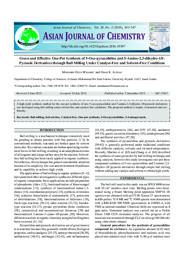 (PDF) Green and Effective One-Pot Synthesis of 5-Oxo-pyrazolidine and 5 ...
