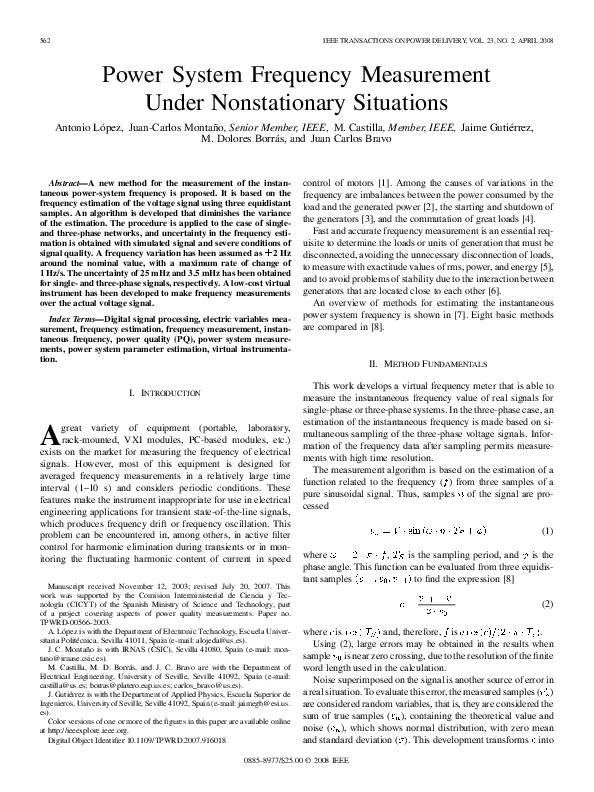 (PDF) Power System Frequency Measurement Under Nonstationary Situations