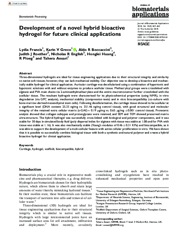 (PDF) Development of a novel hybrid bioactive hydrogel for future ...