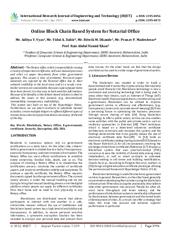 Online Block Chain Based System for Notarial Office