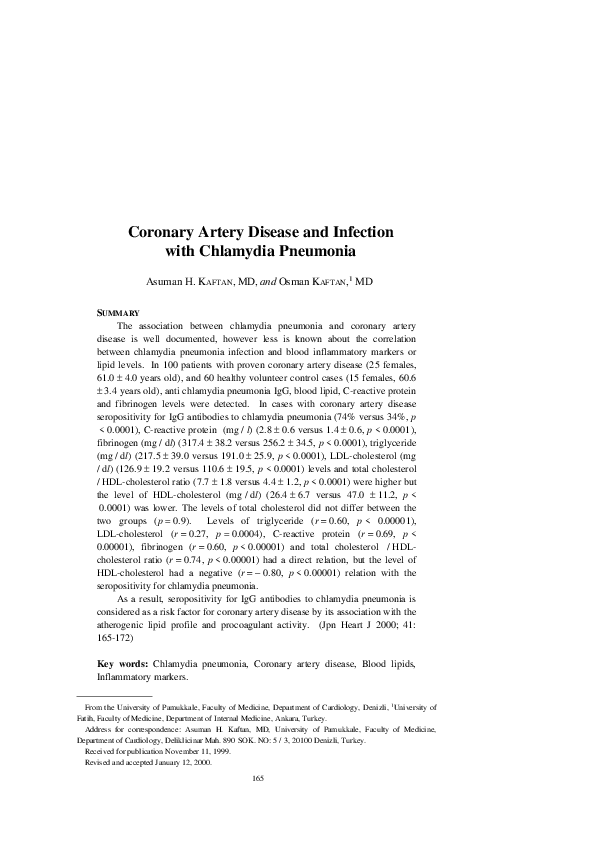 (PDF) Coronary Artery Disease and Infection with Chlamydia Pneumonia