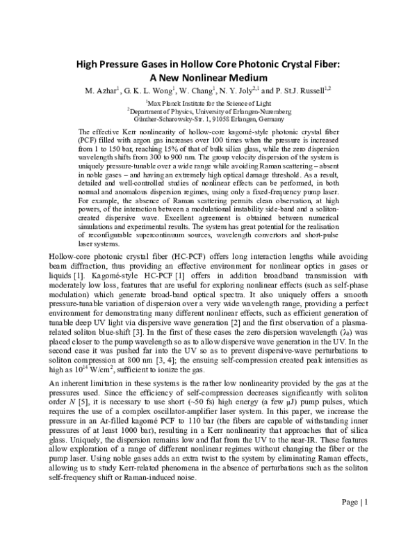 (PDF) High Pressure Gases in Hollow Core Photonic Crystal Fiber: A New ...