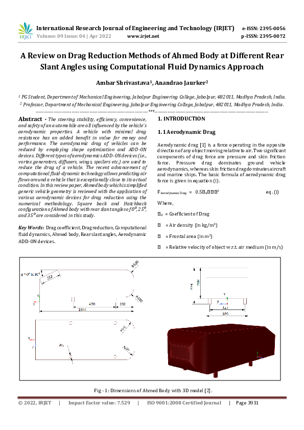 (PDF) A Review on Drag Reduction Methods of Ahmed Body at Different ...