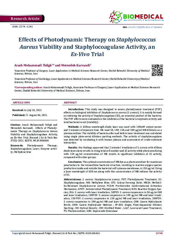 (PDF) Effects of Photodynamic Therapy on Staphylococcus Aureus ...