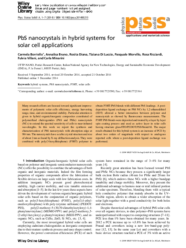 (PDF) PbS nanocrystals in hybrid systems for solar cell applications