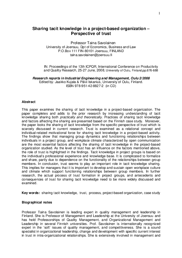 (PDF) Sharing tacit knowledge in a project-based organization ...