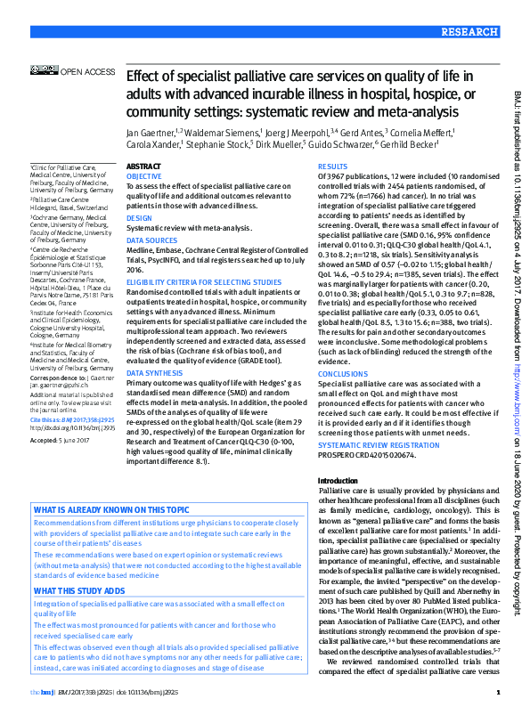 (PDF) Effect of specialist palliative care services on quality of life ...
