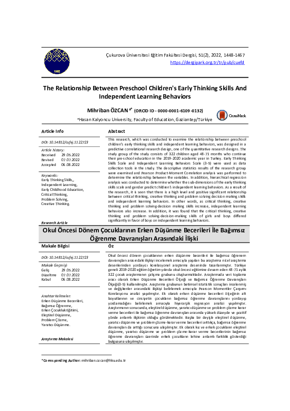 (PDF) The Relationship Between Preschool Children's Early Thinking ...